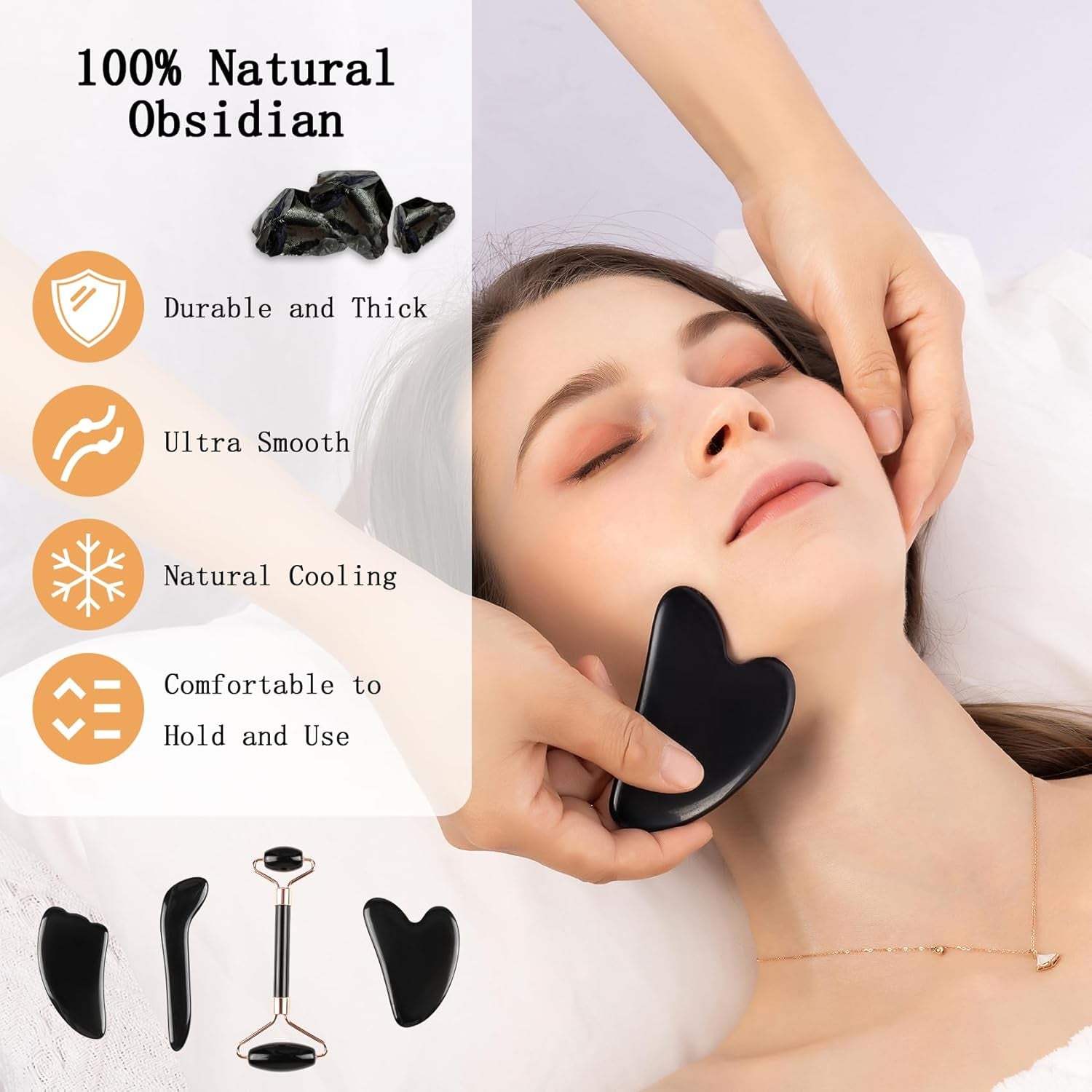 Black Obsidian Gua Sha Facial Tools Set of 4- Natural Jade Gua Sha Face Sculpting Tools Face Roller&Gua Sha Tool for Face, Double Chin Jawline Fascia Cellulite Remover& Point Treatment Christmas Gifts