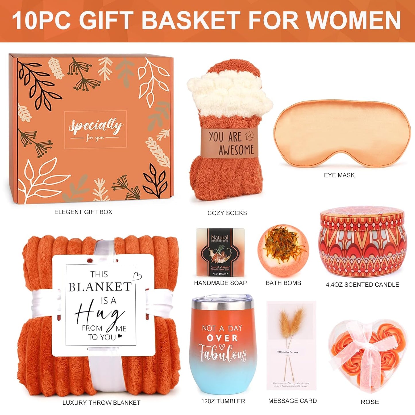 Cozy Gifts for Women Christmas,Birthday Gifts,Luxury Self Care Get Well Gifts,Relaxing Spa Gifts Basket W/Fall Throw Blanket,Orange Gifts for Women,Mom, Wife,Girlfriend,Valentine’S Day Gifts for Her