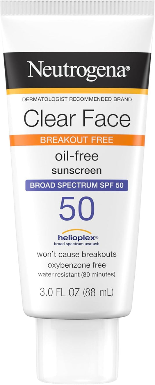 Clear Face Sunscreen Lotion for Acne-Prone Skin, Broad Spectrum SPF 50 Facial Sunscreen for Oily Skin, Oil-, Fragrance- & Oxybenzone-Free Water Resistant Sunscreen, 3 Fl. Oz